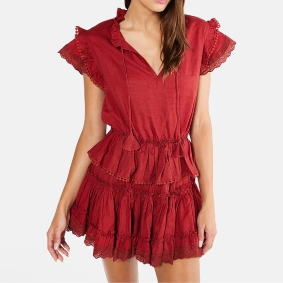 Misa Lillian Rust Orange/Red Tiered Ruffle Blouson Linen Blend Mini Dress Small - Picture 1 of 11